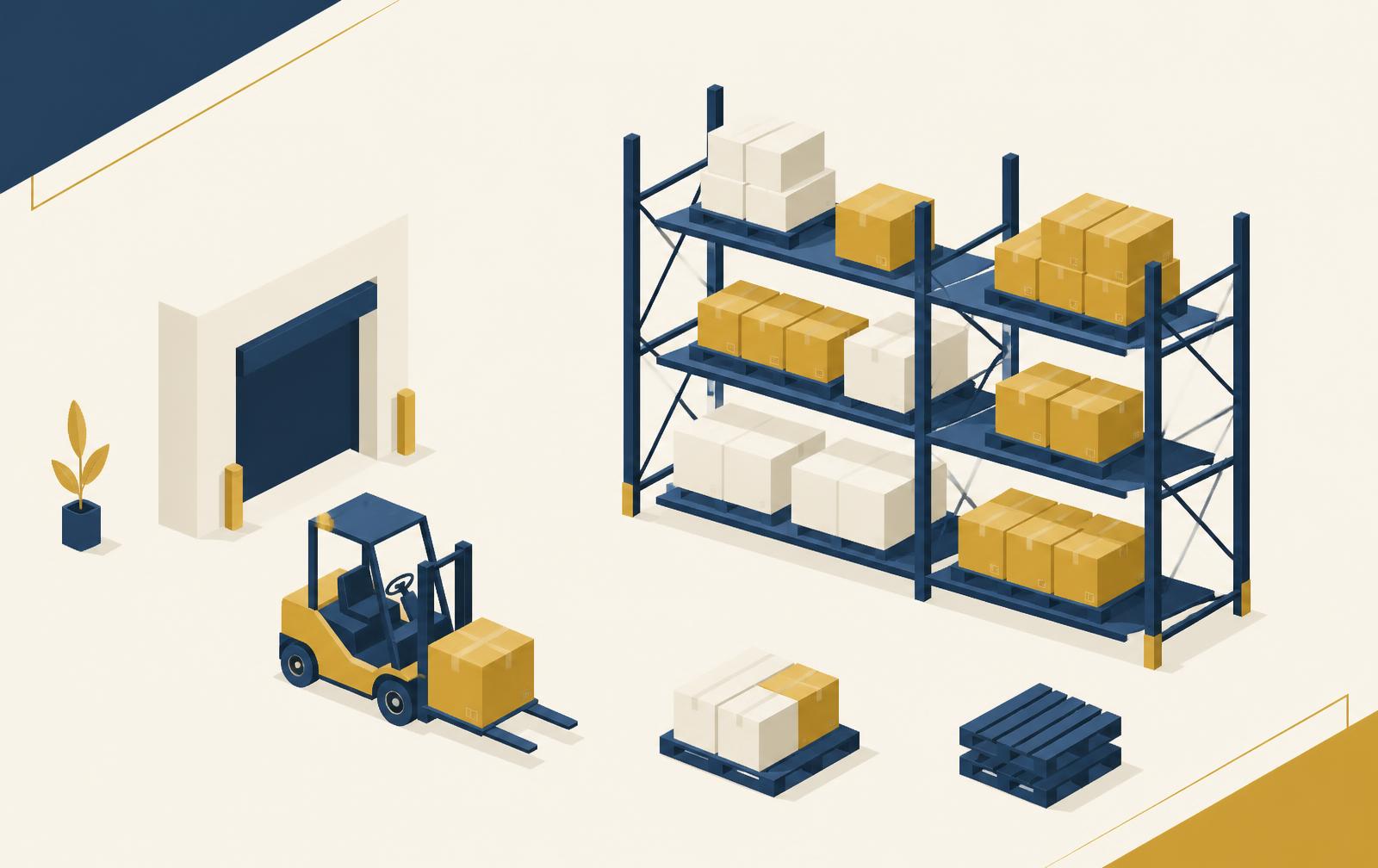 Warehouse aisle with stacked cases of product on pallet racking